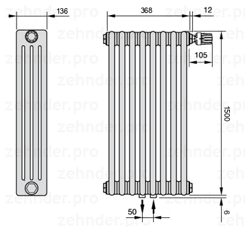 Схема (чертеж) Радиатор Zehnder Charleston 4150/8 №V008 Белый глянцевый RAL 9016